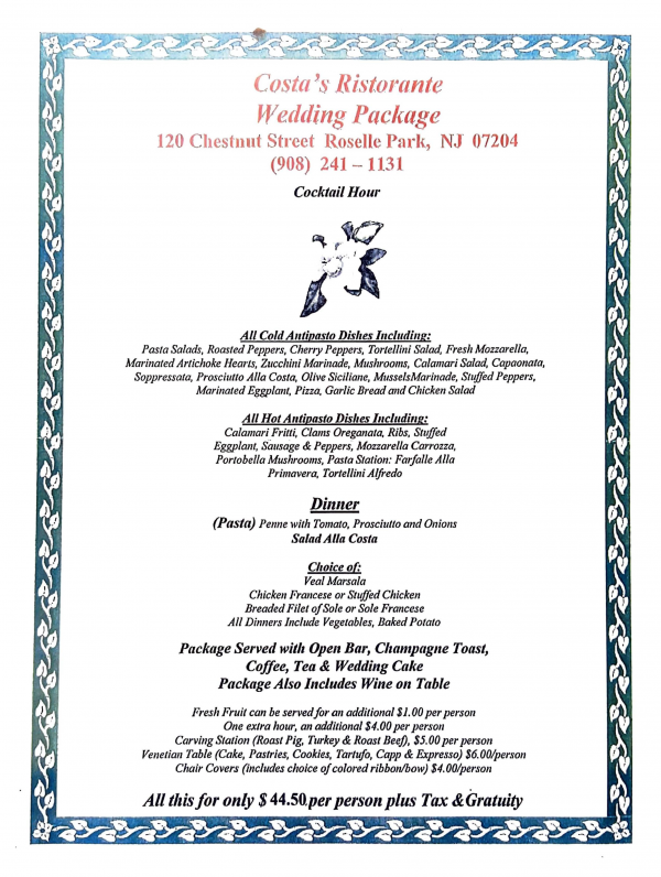 Costa’s Ristorante Wedding Package Costa's Restaurant & Pizzeria